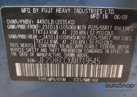 2010 Subaru Forester 2.5X Premium from USA, damaged, VIN JF2SH6CCXAH719545